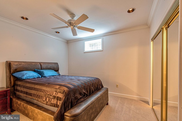 bedroom with ceiling fan, ornamental molding, and light carpet