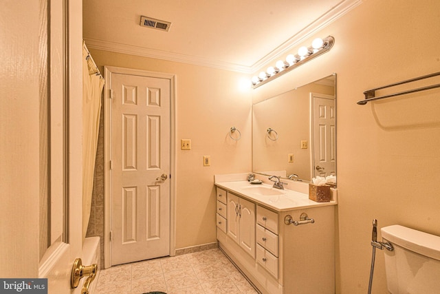 bathroom featuring tile patterned flooring, vanity, ornamental molding, curtained shower, and toilet