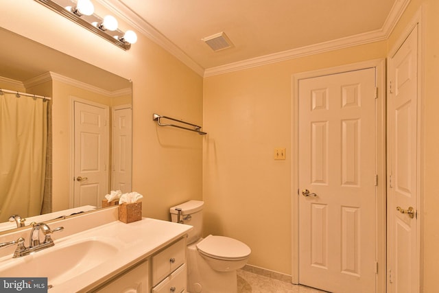 bathroom featuring crown molding, vanity, tile patterned floors, and toilet