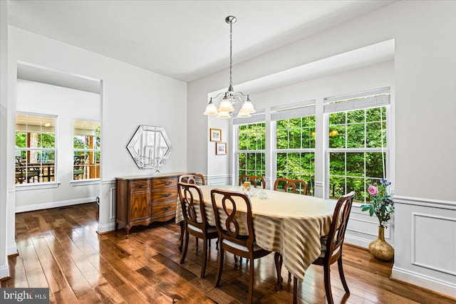 dining room featuring an inviting chandelier, plenty of natural light, and dark wood-type flooring