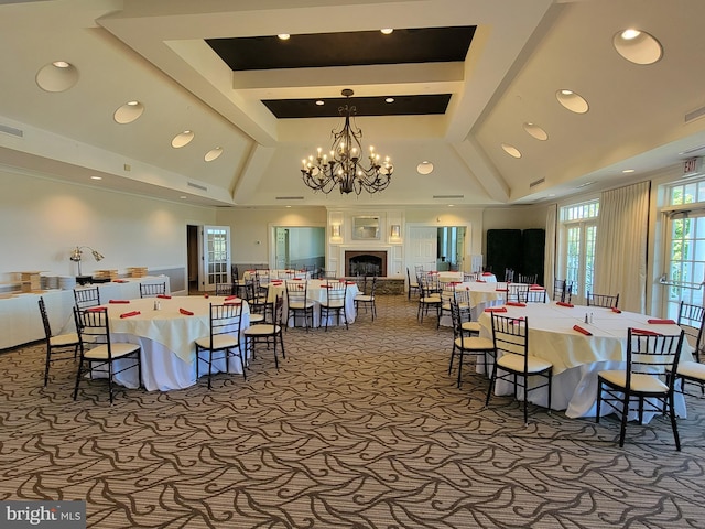 dining area with high vaulted ceiling, beam ceiling, a notable chandelier, and carpet floors