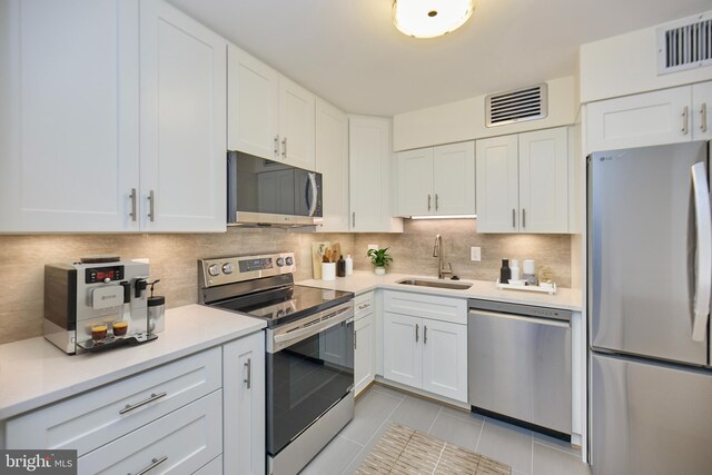 kitchen with stainless steel appliances, a sink, white cabinetry, and decorative backsplash