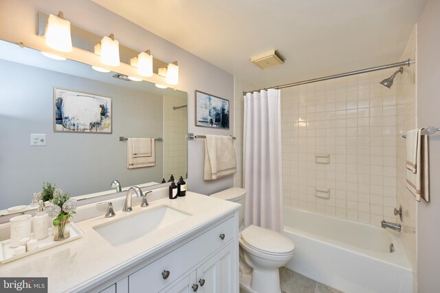 bathroom with toilet, shower / tub combo, vanity, and tile patterned flooring