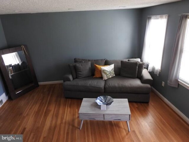 living room with wood-type flooring and a textured ceiling