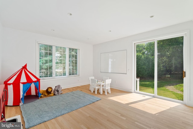 rec room with light hardwood / wood-style flooring