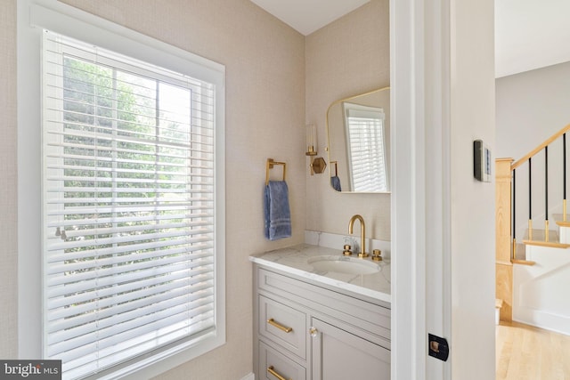 bathroom with hardwood / wood-style flooring and vanity