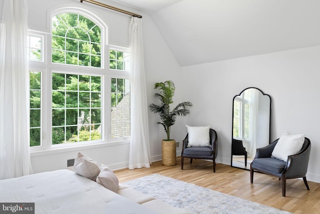 bedroom featuring light hardwood / wood-style floors and lofted ceiling