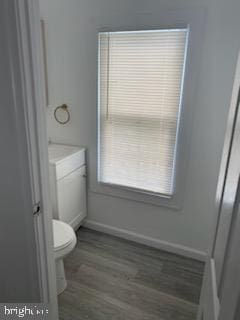 bathroom with hardwood / wood-style floors, vanity, and toilet