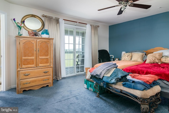 bedroom with access to outside, ceiling fan, and carpet floors