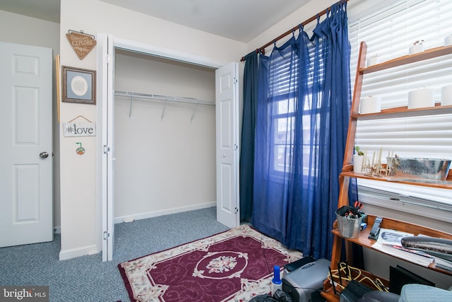 bedroom with carpet flooring and a closet