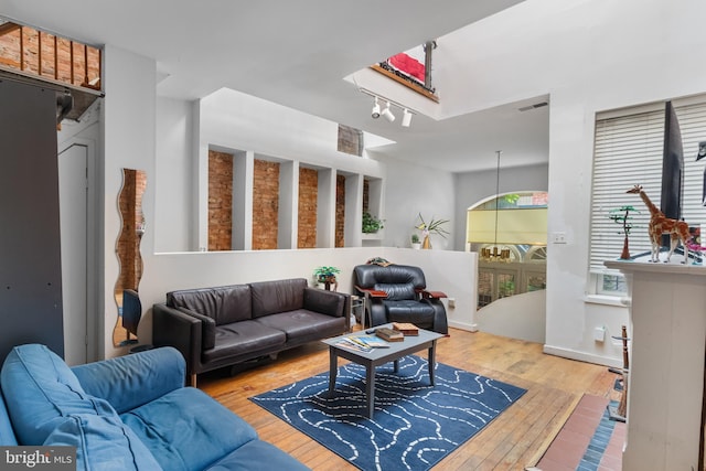 living room featuring light hardwood / wood-style flooring and rail lighting