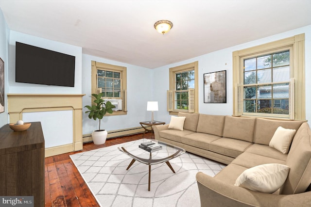 living room with a baseboard radiator and wood finished floors