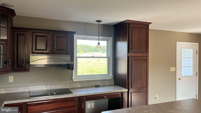 kitchen with black electric cooktop and decorative light fixtures