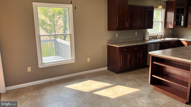 kitchen with dark brown cabinets, sink, dishwasher, and pendant lighting