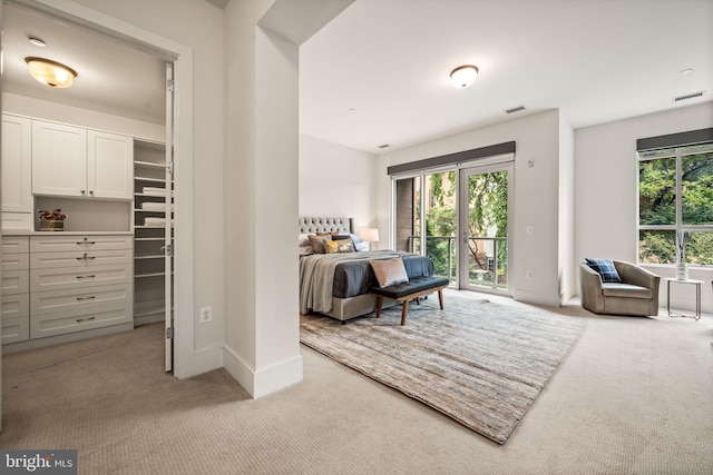 carpeted bedroom with a walk in closet and access to outside