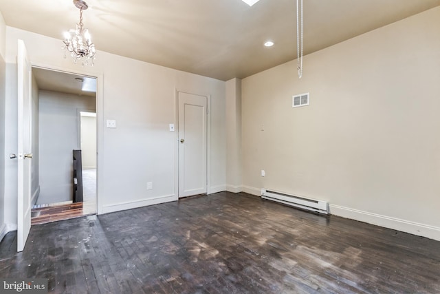 unfurnished room with a baseboard radiator, visible vents, dark wood finished floors, and baseboards