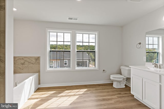 bathroom with hardwood / wood-style flooring, vanity, toilet, and a washtub