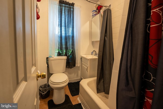 full bathroom with vanity, toilet, tile patterned flooring, and shower / bath combination with curtain