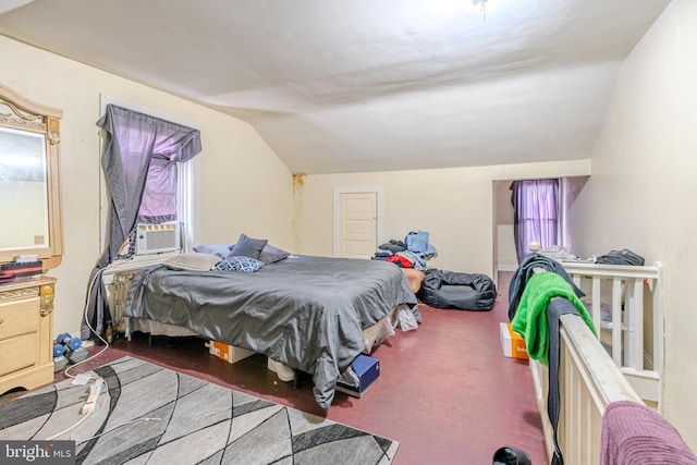 bedroom featuring cooling unit and vaulted ceiling