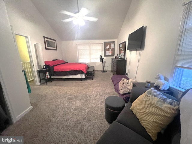 bedroom featuring vaulted ceiling, carpet, and ceiling fan