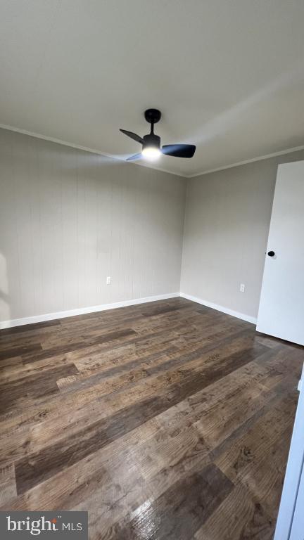 spare room featuring crown molding, ceiling fan, and dark wood-type flooring