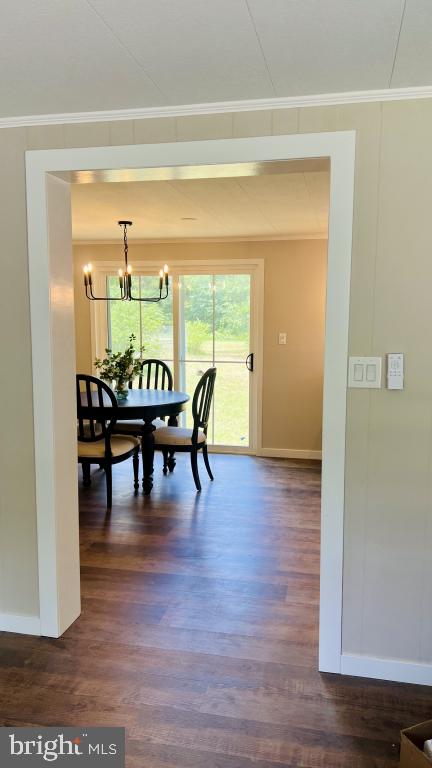 dining area with an inviting chandelier, dark wood-type flooring, and crown molding