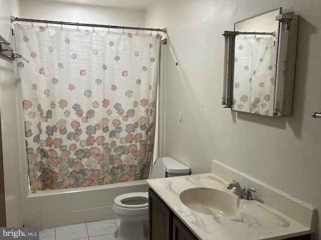 full bathroom featuring tile patterned floors, vanity, toilet, and shower / bath combination with curtain