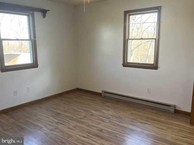 unfurnished room featuring a baseboard radiator and dark wood-type flooring