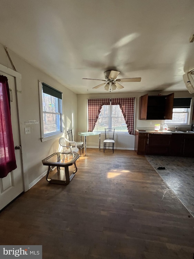 unfurnished room with ceiling fan and dark hardwood / wood-style flooring