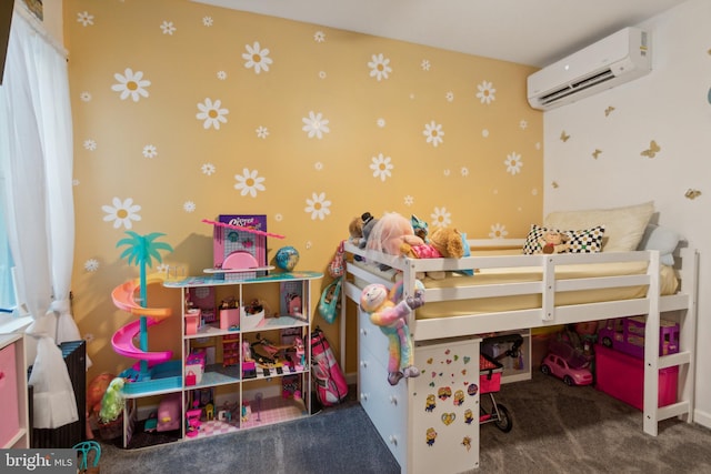 interior space with a wall unit AC and carpet flooring