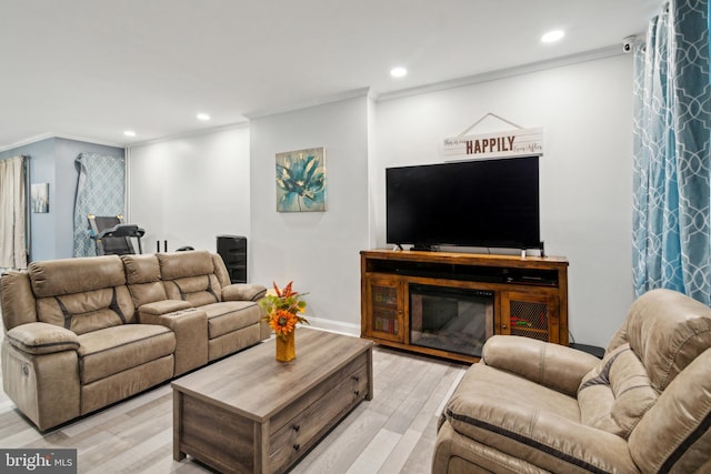 living room with ornamental molding and light hardwood / wood-style floors