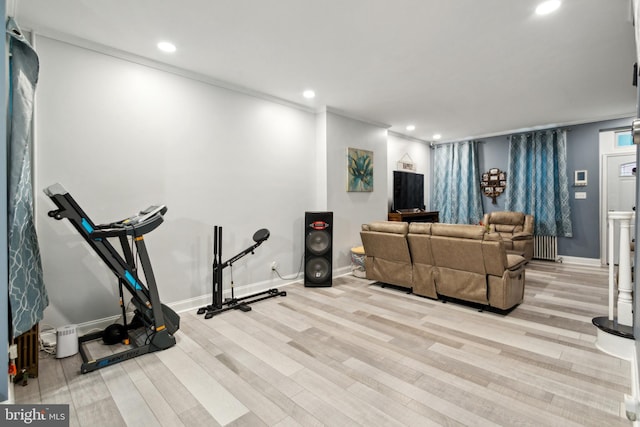 interior space featuring radiator heating unit and light wood-type flooring