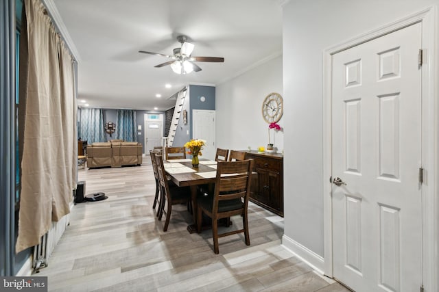 dining room with ceiling fan, light hardwood / wood-style flooring, and ornamental molding