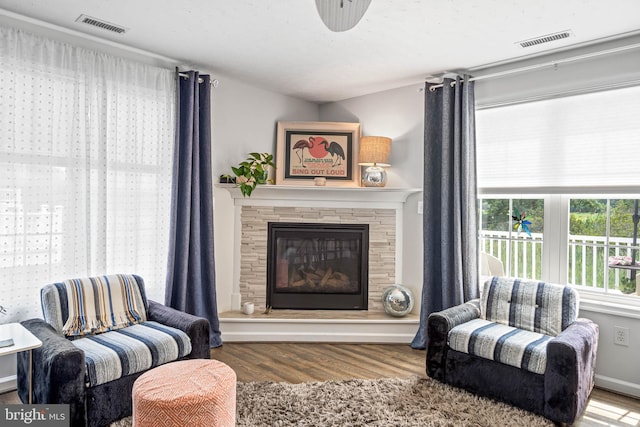 living room featuring hardwood / wood-style flooring and a fireplace