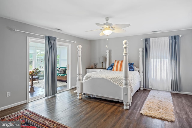 bedroom with ceiling fan, hardwood / wood-style flooring, and access to exterior