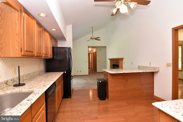 kitchen featuring backsplash, light stone countertops, ceiling fan, light colored carpet, and black appliances