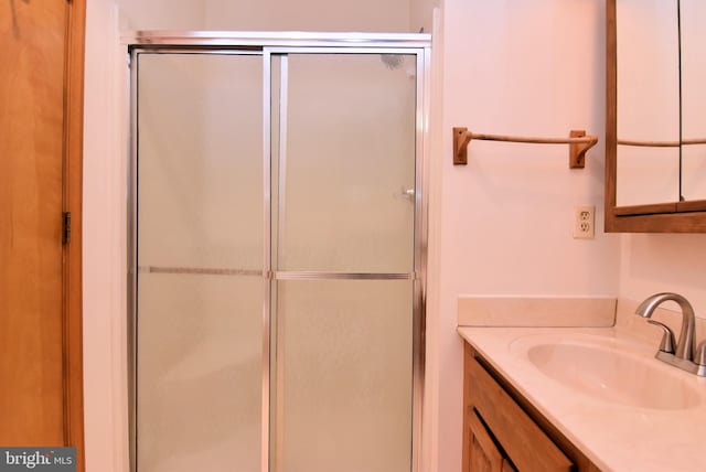 bathroom featuring vanity and a shower with shower door