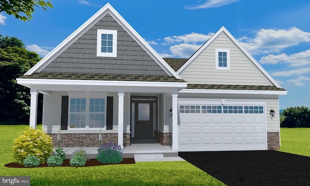 view of front facade with a porch, a shingled roof, driveway, stone siding, and a front lawn