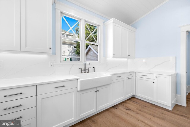 kitchen featuring sink, light hardwood / wood-style flooring, tasteful backsplash, white cabinetry, and crown molding