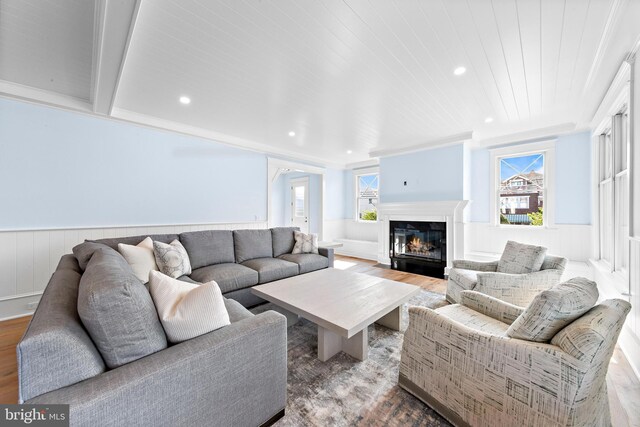 living room with light wood-type flooring and crown molding