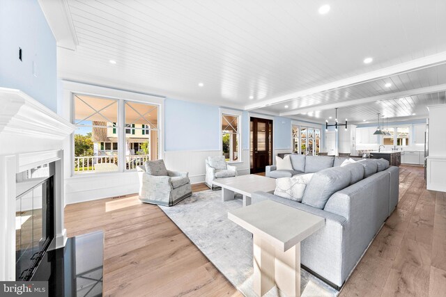 living room featuring a wealth of natural light, a fireplace, and light hardwood / wood-style floors