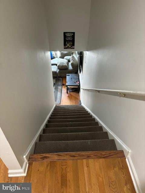 stairway with hardwood / wood-style flooring