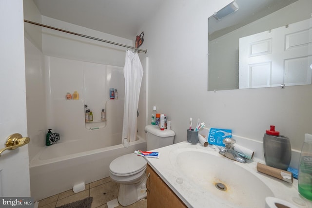 full bathroom featuring toilet, vanity, tile patterned flooring, and shower / bathtub combination with curtain