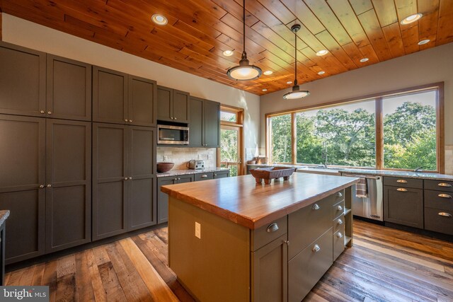 kitchen with wooden ceiling, stainless steel appliances, light hardwood / wood-style flooring, pendant lighting, and a kitchen island