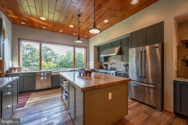 kitchen featuring appliances with stainless steel finishes, light hardwood / wood-style floors, decorative light fixtures, and wood ceiling