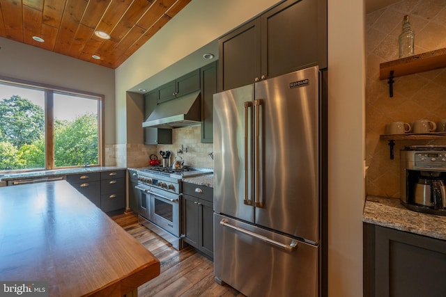 kitchen with premium appliances, light stone counters, light hardwood / wood-style floors, decorative backsplash, and wood ceiling