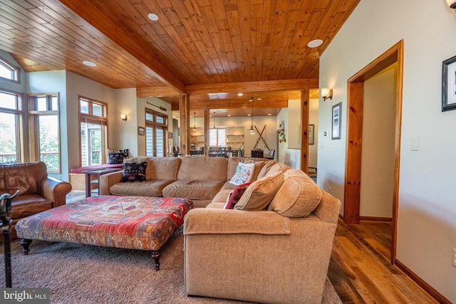 living room featuring hardwood / wood-style flooring and wooden ceiling