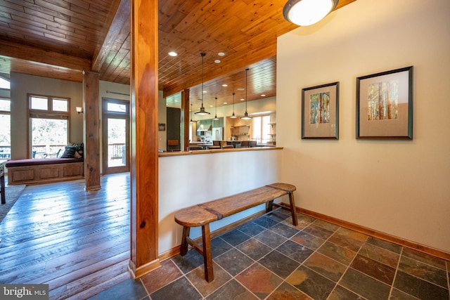 dining space featuring wood ceiling and dark wood-type flooring