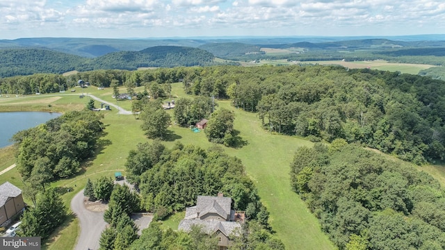 drone / aerial view with a water and mountain view