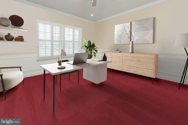 office space with ceiling fan, dark colored carpet, ornamental molding, and recessed lighting